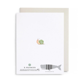 Greeting card with snail illustration and E. Frances branding on a white background