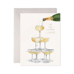 Greeting card with champagne being poured into glasses, 'To the Happy Couple!' text, and a green bottle cap.
