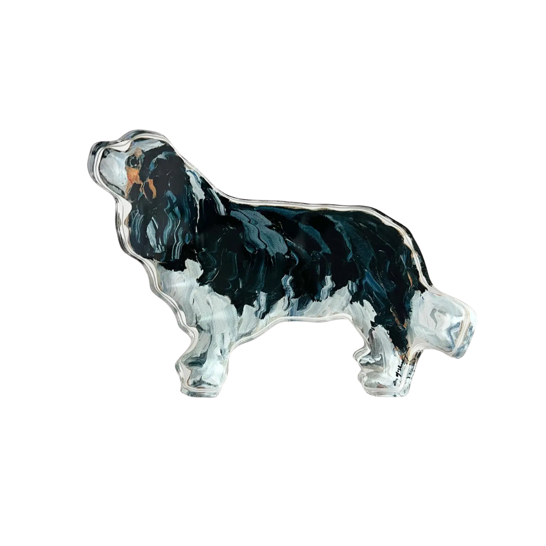 Acrylic Cavalier King Charles dog shelfie featuring painted artwork encased in a thick clear freestanding block on white background