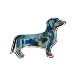 Colorful dachshund-shaped acrylic shelf sitter on a white background