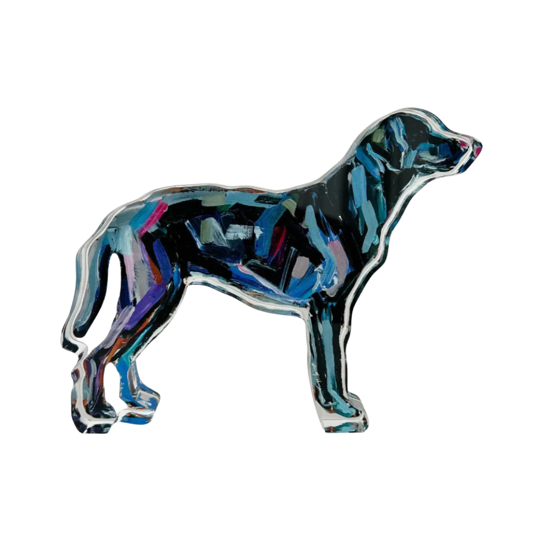 black lab acrylic dog figurine on white background
