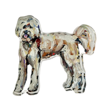Doodle dog shelfie featuring painted artwork encased in a thick clear freestanding block on white background