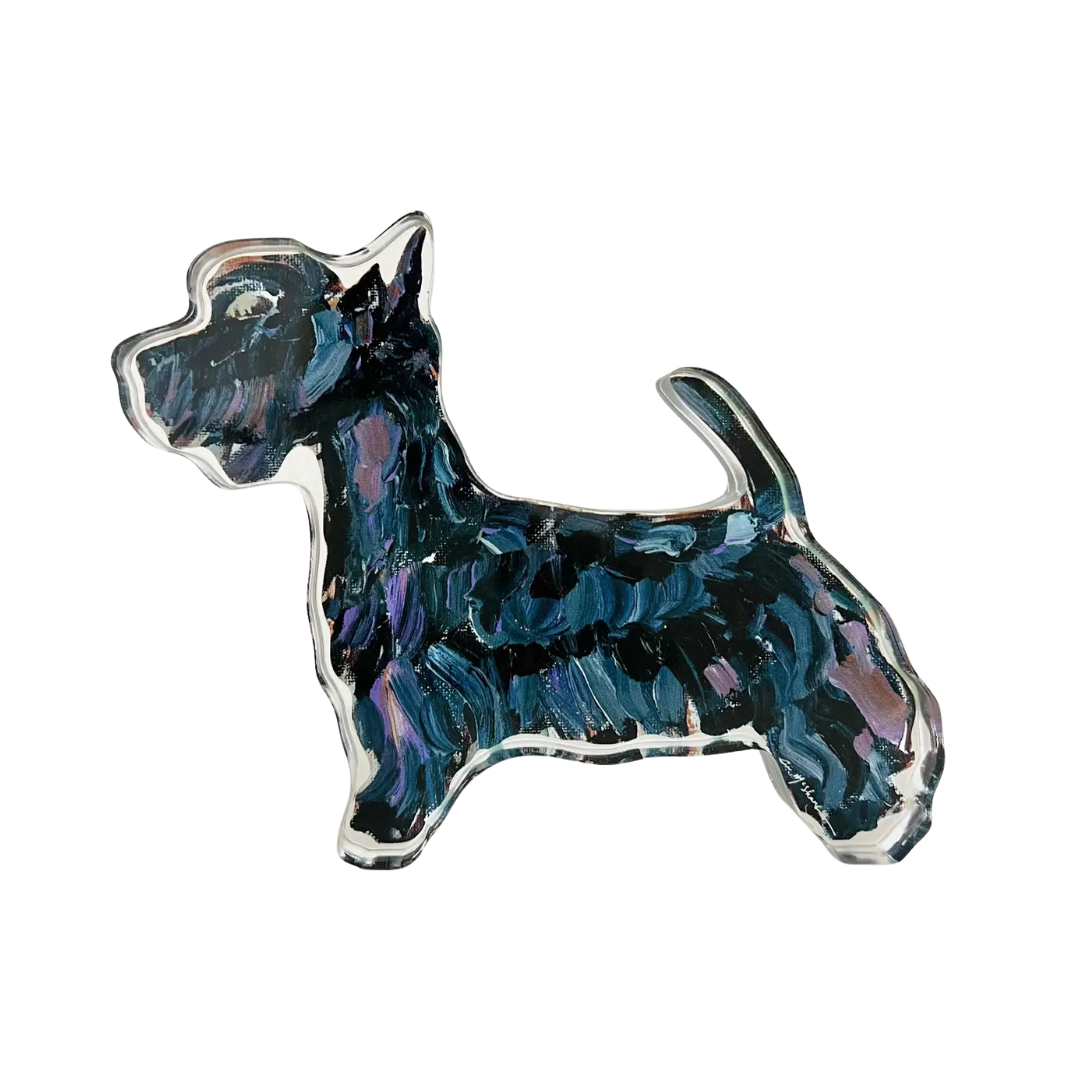 Scottie dog shelfie featuring painted artwork encased in a thick clear freestanding block on white background