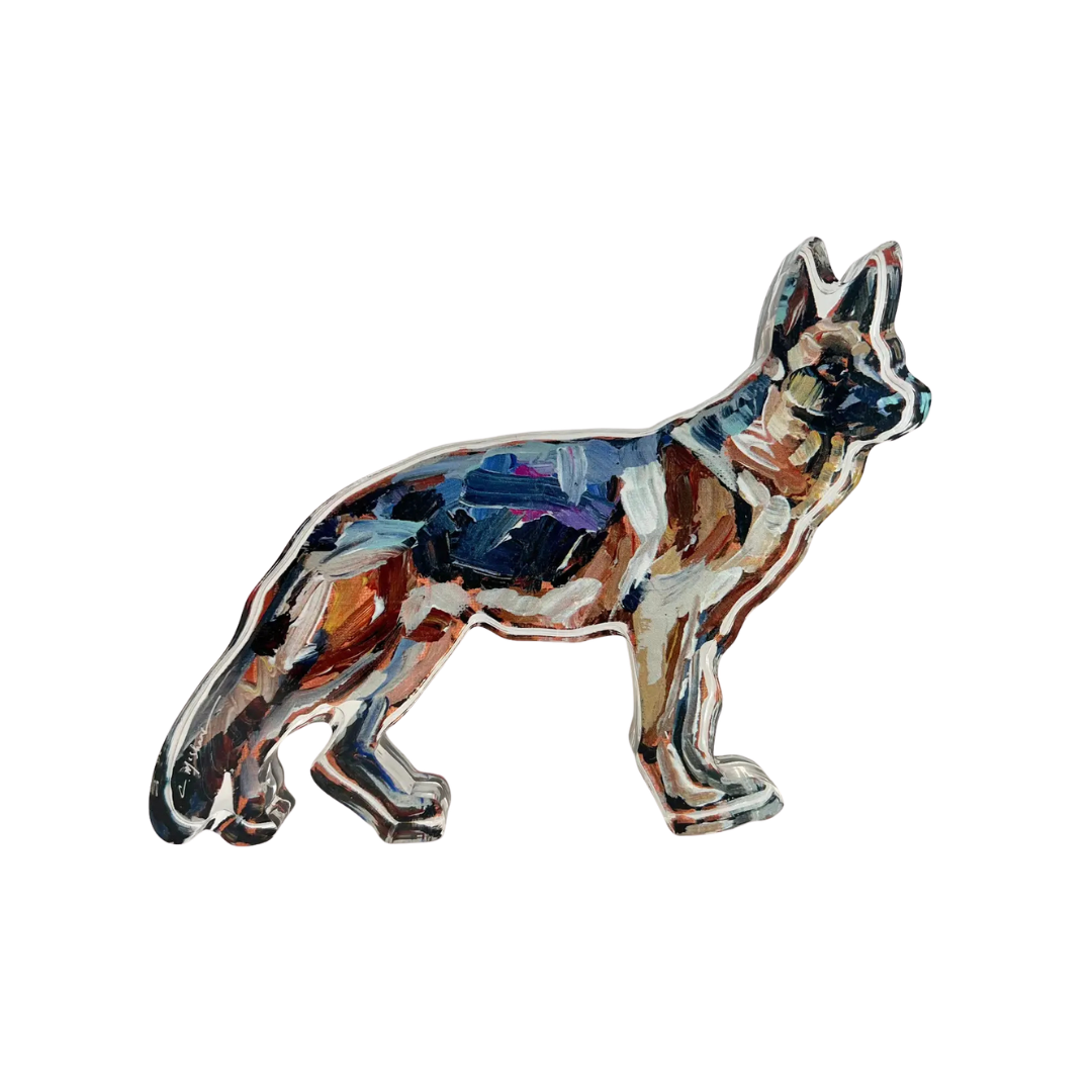 german shepherd dog shelfie featuring painted artwork encased in a thick clear freestanding block on white background