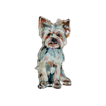 Yorkie dog shelfie featuring painted artwork encased in a thick clear freestanding block on white background