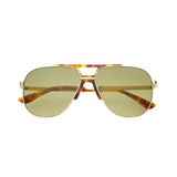 Aviator logan sunglasses with tortoiseshell frame and gold accents on a white background