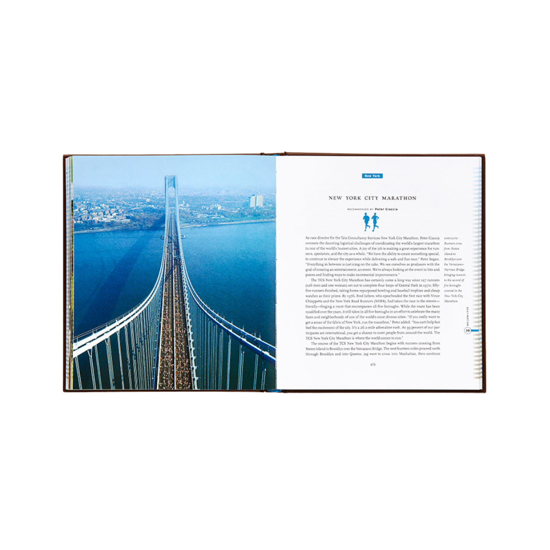Open book showing a bridge and text on a white background