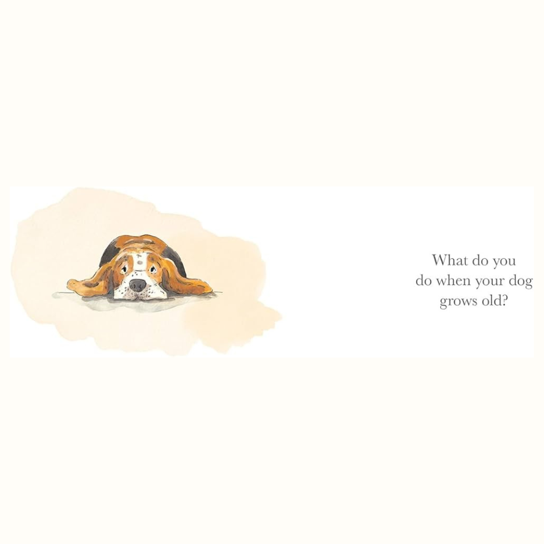 Illustration of a dog with a speech bubble containing text on a white background