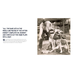 Vintage black and white photo of children playing baseball with an adult, featuring a quote about baseball.