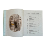 Open book with illustrations and a table of contents on a white background