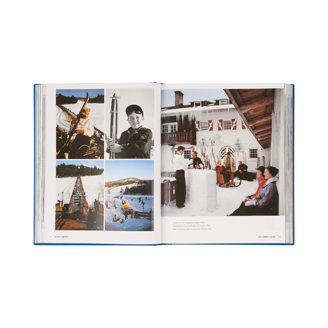 Open book showing a collage of photos with people and scenic views.