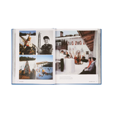 Open book showing a collage of photos with people and scenic views.