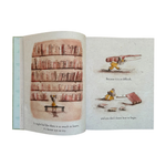 Open book with illustrations of a mouse, books, and a child with a suitcase.