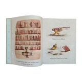Open book with illustrations of a mouse, books, and a child with a suitcase.