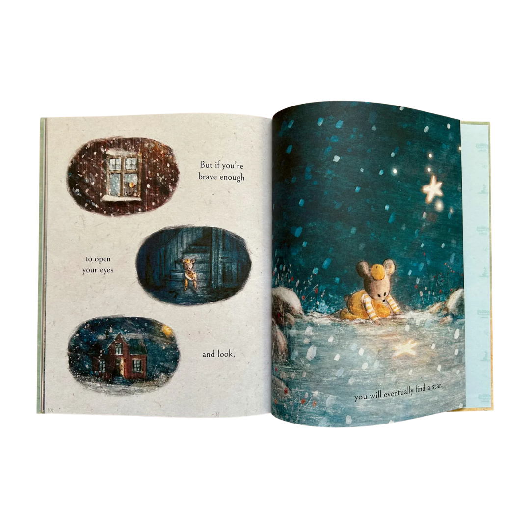 Open book with illustrated pages featuring a bear and text.