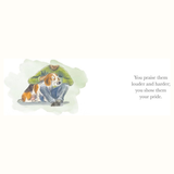 Illustration of a person sitting with a dog on a white background, with text on the right.