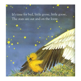 Childrens Book "Time for Bed" Illustration of a yellow duckling with outstretched wings against a starry night sky, accompanied by bedtime text.