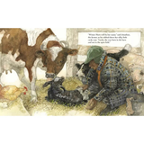 A Home at the Barn Childrens Picture Book Illustration of a farmer tending to a lamb with farm animals around