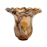 Onda Glass tulip vase with wavy rim and marbled brown and beige pattern on a white background
