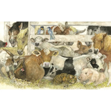 A Home at the Barn Children's Picture Book Illustration of various farm animals gathered around a fence.