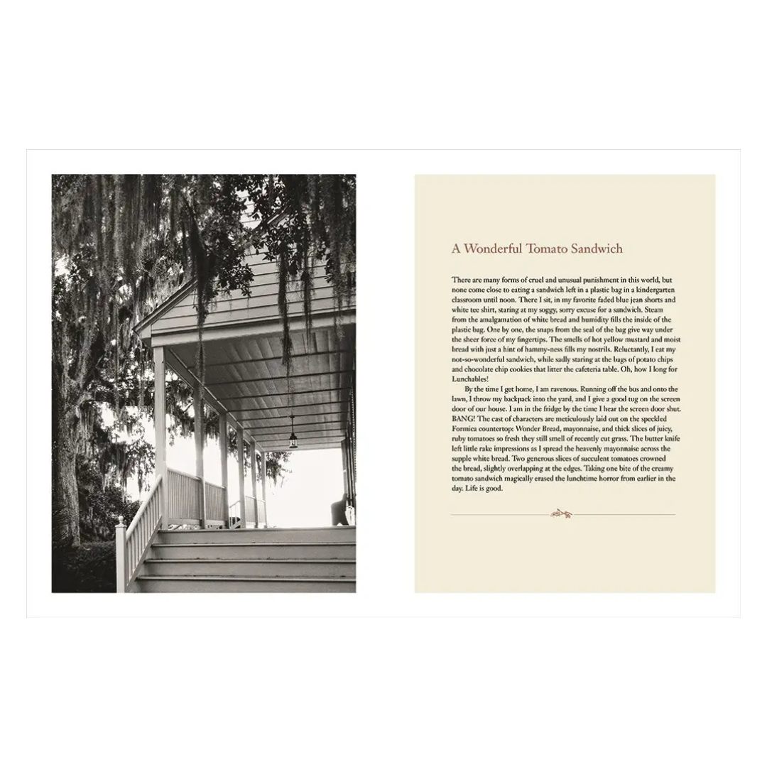 open For the Love of the South cookbook recipe Text on a white background with a black and white photo of a porch on the left.