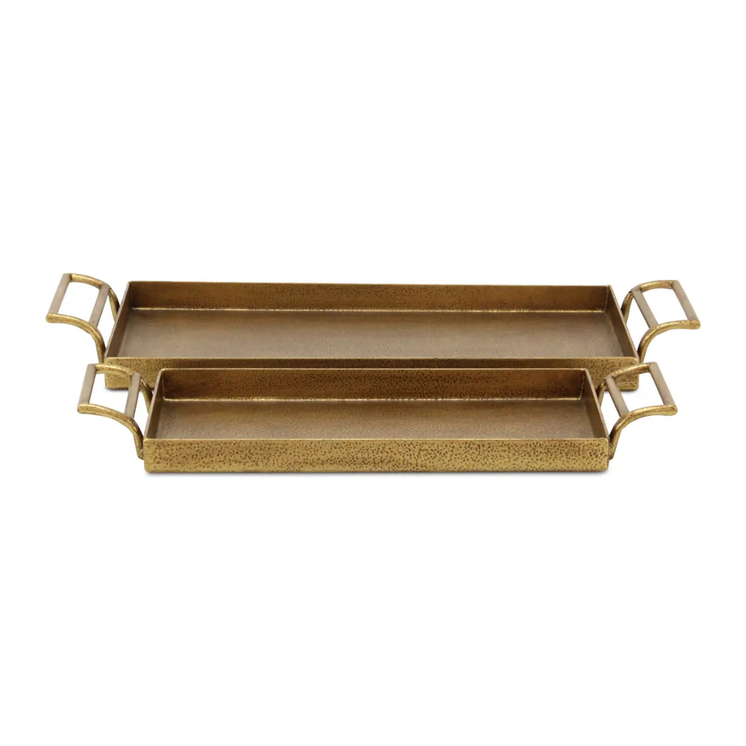 Gold rectangular Elaine tray with handles on a white background
