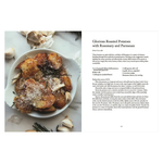 open For the Love of the South cookbook recipe Plate of roasted potatoes with rosemary and Parmesan on a white surface, accompanied by text.