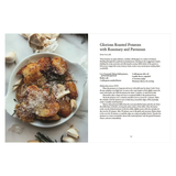 open For the Love of the South cookbook recipe Plate of roasted potatoes with rosemary and Parmesan on a white surface, accompanied by text.