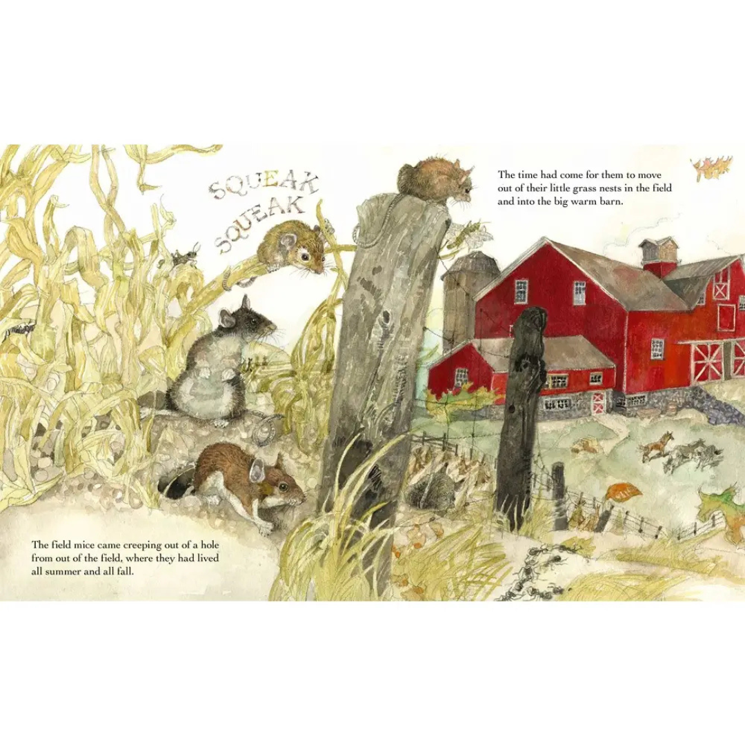 A Home at the Barn Childrens Picture Book Illustration of field mice near a red barn with text