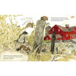 A Home at the Barn Childrens Picture Book Illustration of field mice near a red barn with text