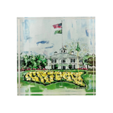 Golf course with clubhouse and flag, watercolor style acrylic block shelfie