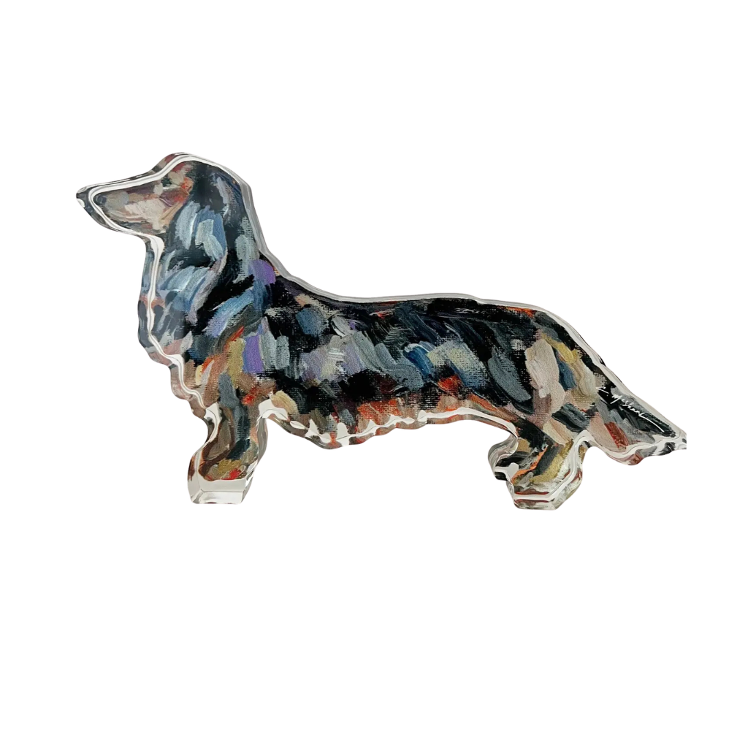 Colorful dachshund acrylic shelf talker on a white background
