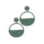 Pair of teal woven earrings on a white background