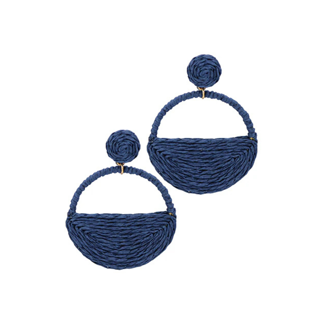 Pair of blue woven earrings on a white background