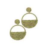 Pair of green woven earrings on a white background