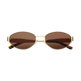 Gold-framed Freyrs Soho sunglasses with brown lenses on a white background