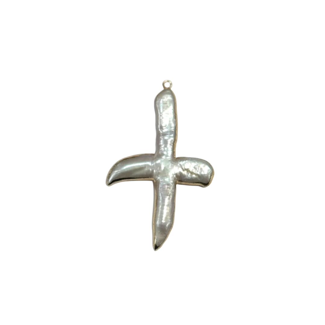 A textured, organic-shaped silver cross pendant with a small hanging loop at the top, shown against a plain white background.