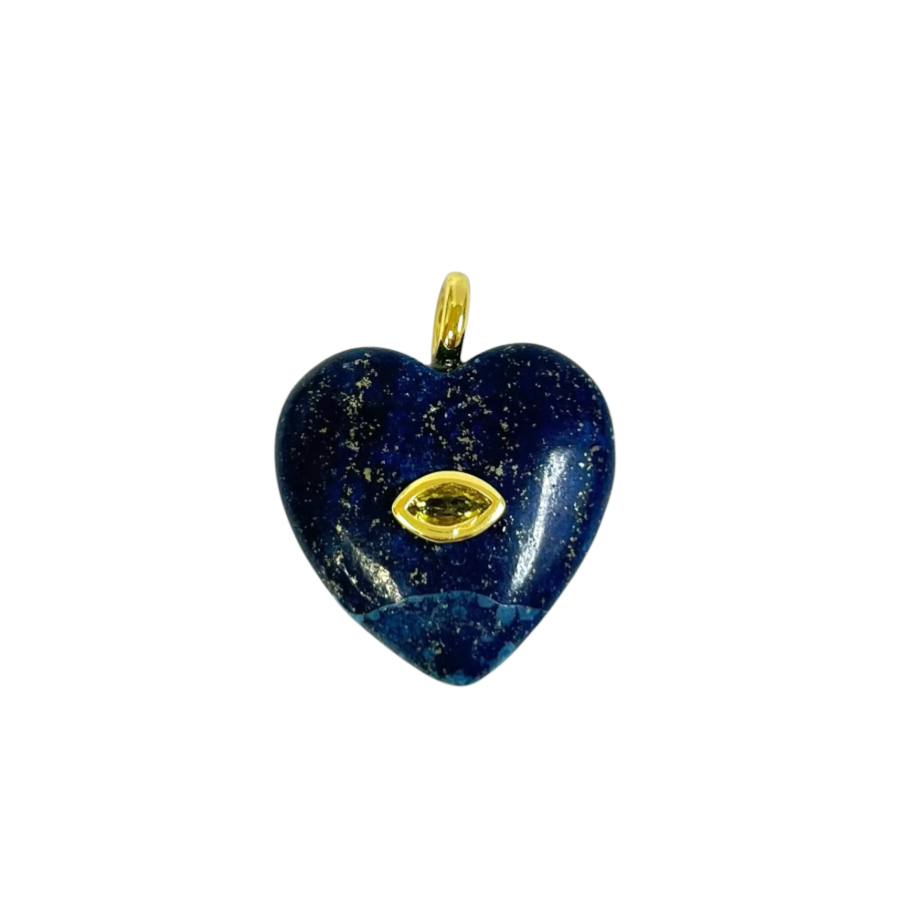 A heart-shaped lapis lazuli pendant with a gold eye motif in the center and a gold bail at the top, shown on a plain white background.
