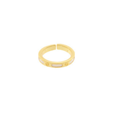 A gold-plated adjustable ring with three white inlaid oval segments, photographed on a solid white background.