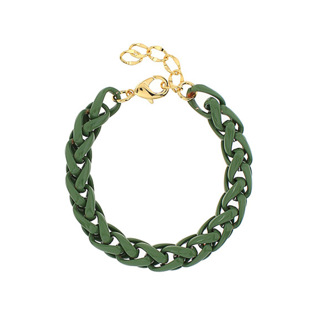 A green braided chain link bracelet with a gold-tone lobster clasp and extension chain, shown on a plain white background.