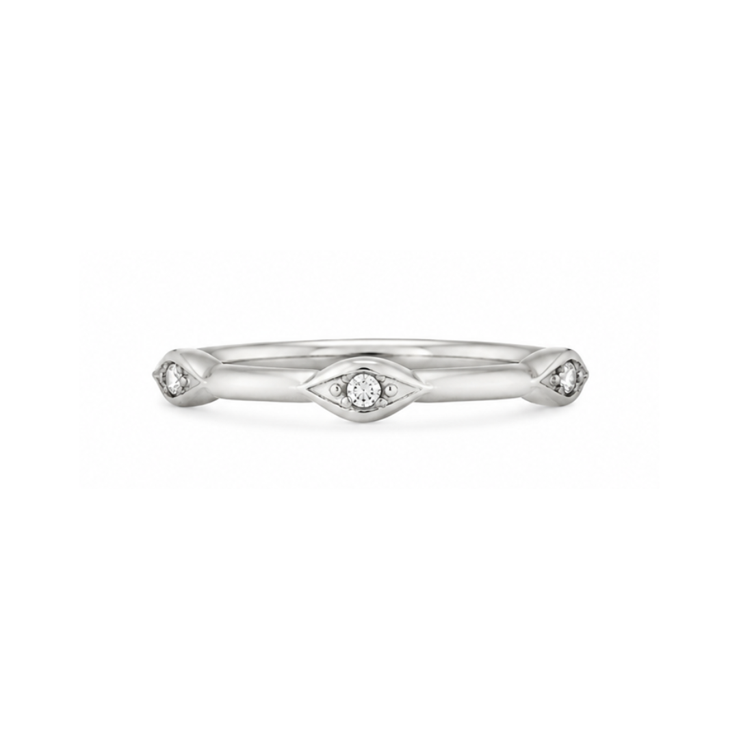 A silver eye ring band featuring a central diamond surrounded by smaller stones, with additional small stones at the ends of the band, shown on a plain white background.