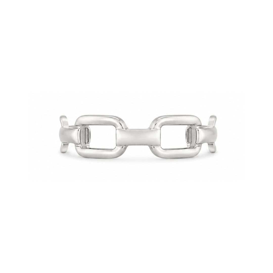 A polished silver-tone metal link ring with a modern, wide rectangular chain-link design, shown against a plain white background.