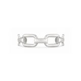A polished silver-tone metal link ring with a modern, wide rectangular chain-link design, shown against a plain white background.