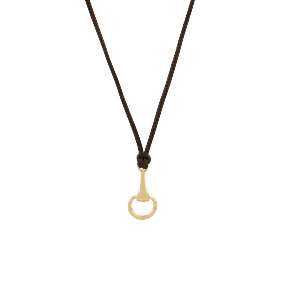 A dark brown cord necklace with a gold-tone metal ring clasp, shown against a plain white background.