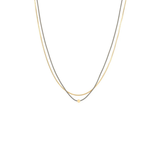 A delicate double-strand necklace featuring one thin gold chain and one thin silver chain, with a tiny gold bead accent at the center of the V-shaped drop, shown against a plain white background.