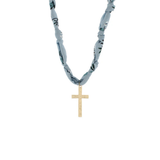A necklace featuring a light blue and gray patterned fabric chain with a textured gold cross pendant, shown against a plain white background.