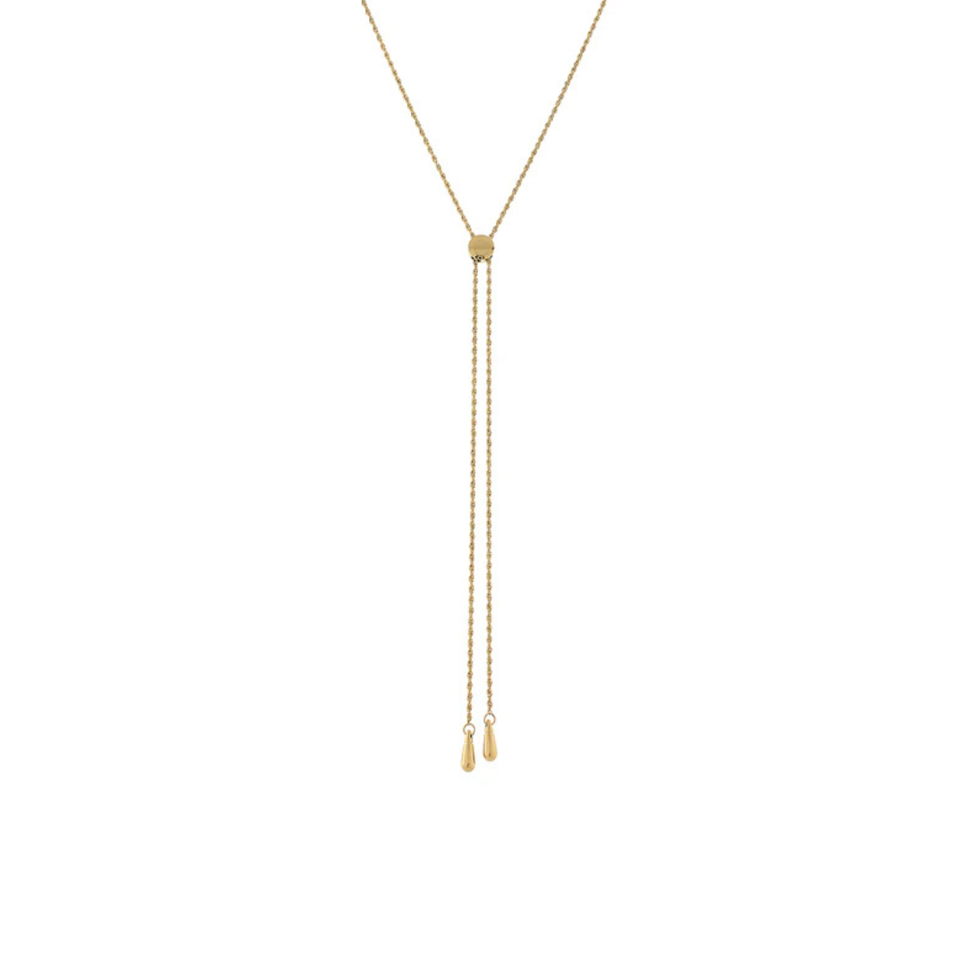 A delicate gold Y-necklace with a small rectangular connector at the top and two long drop chains ending in small teardrop charms, shown against a plain white background.