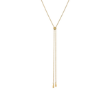 A delicate gold Y-necklace with a small rectangular connector at the top and two long drop chains ending in small teardrop charms, shown against a plain white background.
