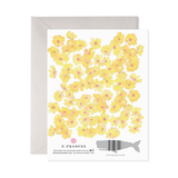 Greeting card with yellow floral pattern and envelope on a white background