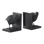 A pair of black cast-iron bird bookends shaped like small birds perched on a rectangular base, shown on a plain white background.